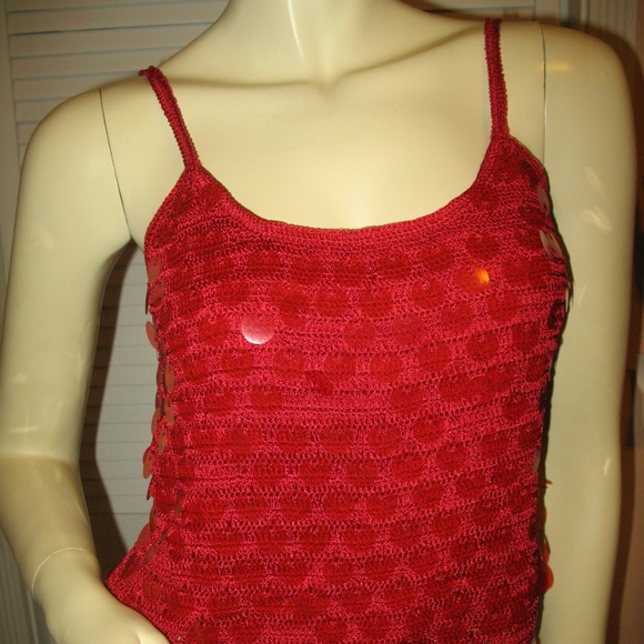 New Vintage Y2K 90s Rampage Red Spaghetti Embellished Top Cami Knit Crochet Glam - Picture 3 of 8